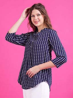 Qurvii - Women Crepe Polka Dots Regular Fit Mandarin Neck Navy Blue Top