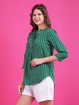 Qurvii - Women Crepe Polka Dots Regular Fit Mandarin Neck Green Top