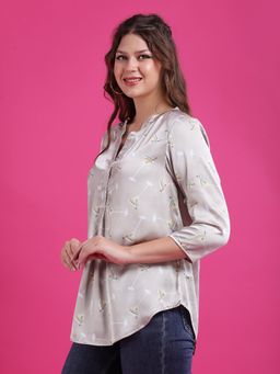 Qurvii - Women Satin Printed Regular Fit Mandarin Neck Beige Top