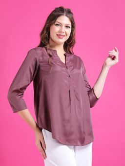 Qurvii - Women Crepe Solid Regular Fit Mandarin Neck Burgundy Top
