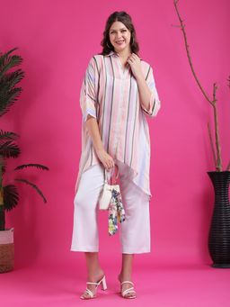 Qurvii - Women Georgette Stripes Loose Fit Collar Neck Multi-Color Shirt