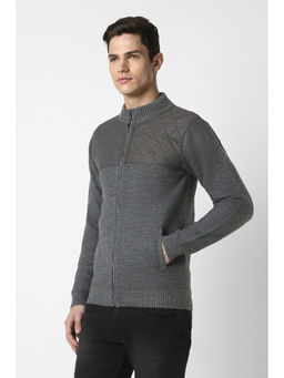 Peter England - Men Grey Textured Stylized Neck Sweater