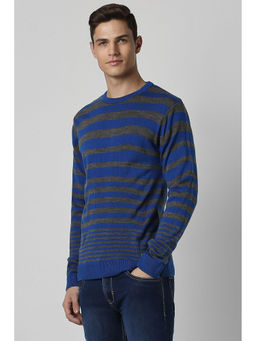 Peter England - Men Blue Stripe Round Crew Neck Sweater