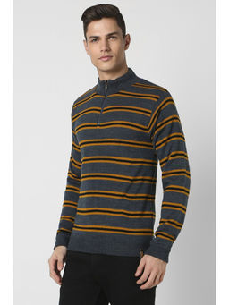 Peter England - Men Grey Stripe Stylized Neck Sweater