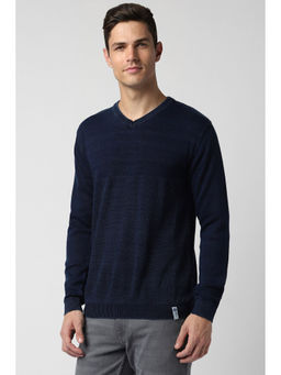 Peter England - Men Navy Textured V Neck Sweater