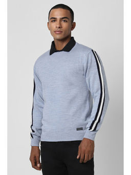 Peter England - Men Blue Textured Round Crew Neck Sweater