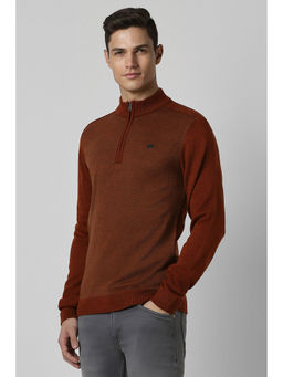 Peter England - Men Maroon Woven Stylized Neck Sweater
