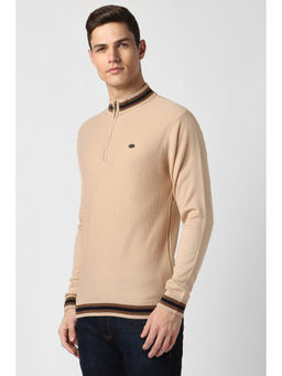 Peter England - Men Beige Textured Stylized Neck Sweater