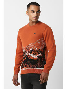 Peter England - Men Orange Woven Round Crew Neck Sweater