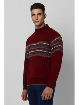 Peter England - Men Maroon Geometric Stylized Neck Sweater