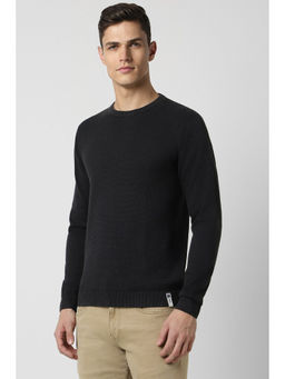 Peter England - Men Black Textured Round Crew Neck Sweater