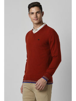 Peter England - Men Red Solid V Neck Sweater