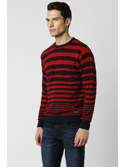 Peter England - Men Red Stripe Round Crew Neck Sweater