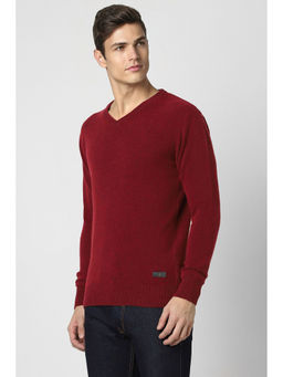 Peter England - Men Maroon Solid V Neck Sweater