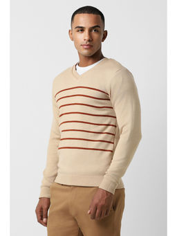 Peter England - Men Beige Stripe V Neck Sweater