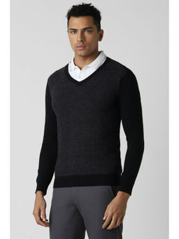 Van Heusen - Men Black Woven V Neck Sweater