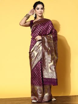 Akhilam - Womens Silk Blend Purple Woven Design Designer Saree with Unstitched Blouse