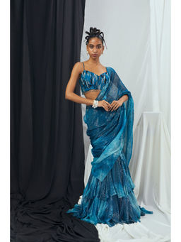 Nirmooha - Pre-Draped Jade Blue Printed Saree with Embellished Stitched Blouse