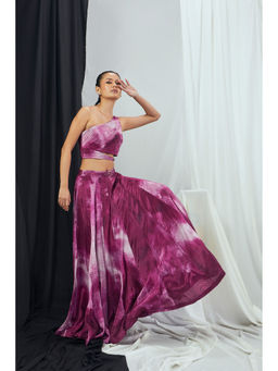 Nirmooha - Printed One Shoulder Stitched Blouse with Buckle Detailing and Skirt (Set of 2)