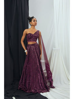 Nirmooha - Embroidered Sequin Stitched Blouse with Attached Dupatta & Lehenga (Set of 2)