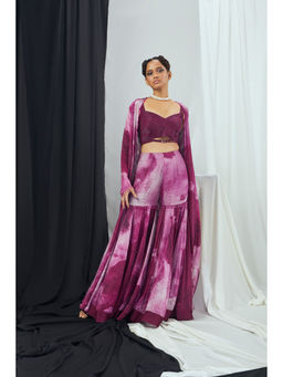 Nirmooha - Ruby Hand Embroidered Bralette with Sharara and Printed Cape (Set of 3)