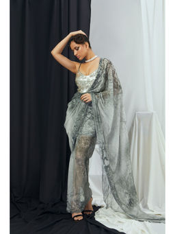 Nirmooha - Pre-Draped Forest Printed Saree with Embellished Stitched Blouse