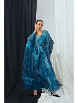 Nirmooha - Jade Blue Printed and Embellished Lurex Kaftan Dress with Slip (Set of 2)