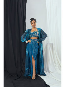 Nirmooha - Jade Blue Embroidered Bralette with Draped Dhoti Skirt and Printed Cape (Set of 3)
