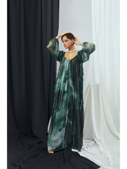 Nirmooha - Emerald Blotch Printed and Hand Embroidered Draped Kaftan Dress