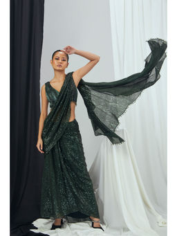 Nirmooha - Pre-Draped Emerald Sequin Saree with Ruched Stitched Blouse