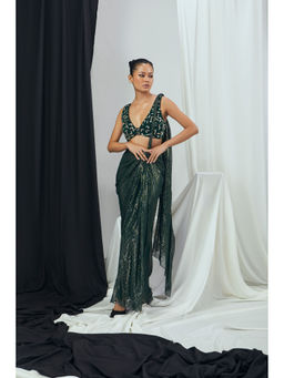 Nirmooha - Pre-Draped Saree and Embroidered Stitched Blouse with Buckle Detailing