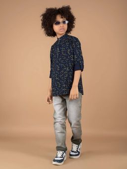 CRIMSOUNE CLUB - Boy'S Navy Blue Printed 100% Cotton Kurta