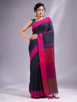 CHARUKRITI - Dark Grey Pure Cotton Woven Design Soft Saree with Unstitched Blouse