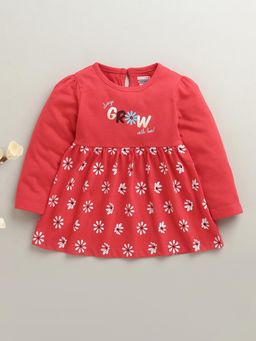 Bumzee - Red Printed Girls Full Sleeves Cotton Knee Length Dress