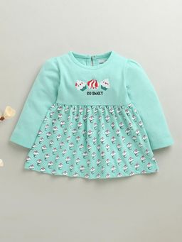 Bumzee - Mint Green Girls Full Sleeves Cotton Knee Length Dress