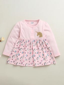 Bumzee - Pink Girls Full Sleeves Cotton Knee Length Dress