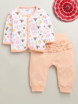 Bumzee - Peach and White Baby Girls Full Sleeves Top and Pyjama