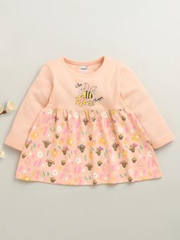 Bumzee - Girls Peach Printed Full Sleeves Cotton Knee Length Dress