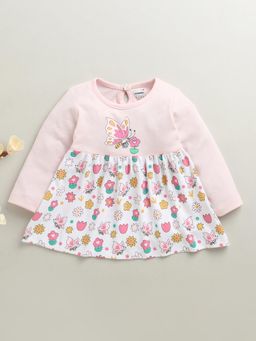 Bumzee - Pink and White Girls Full Sleeves Cotton Knee Length Dress