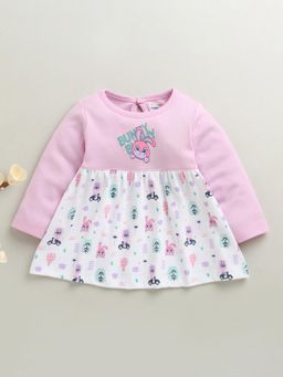 Bumzee - Pink and White Girls Full Sleeves Cotton Knee Length Dress