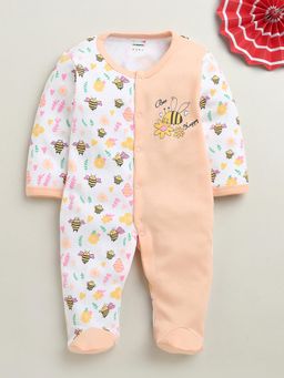Bumzee - Peach and White Baby Girls Full Sleeves Cotton Sleepsuit