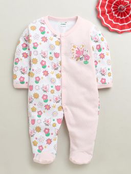 Bumzee - Light Pink and White Baby Girls Full Sleeves Cotton Sleepsuit