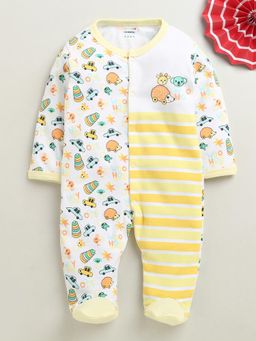 Bumzee - Yellow and White Baby Boys Full Sleeves Cotton Sleepsuit