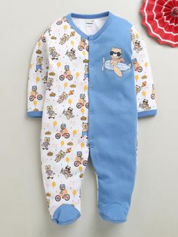 Bumzee - Blue and White Printed Baby Boys Full Sleeves Cotton Sleepsuit