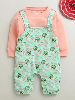 Bumzee - Mint Green and Peach Baby Girls Full Sleeves Cotton Dungaree with Top