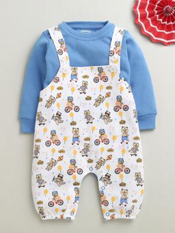 Bumzee - White and Blue Baby Boys Full Sleeves Cotton Dungaree with Top