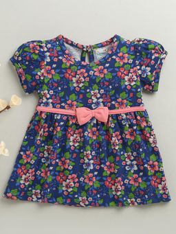 Bumzee - Navy Blue Girls Half Sleeves Cotton Knee Length Dress