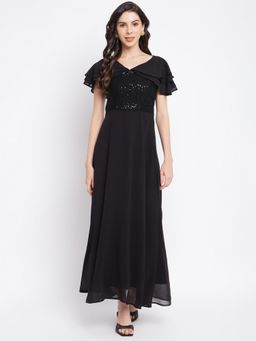 Latin Quarters - Women Black Solid Flare Sleeve Maxi Dress