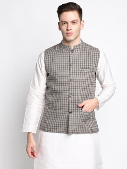 Devoiler - Men Grey Checked Pure Cotton Nehru Jacket