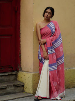 Soulweaves - Pink Palla Stripes Saree with Unstitched Blouse